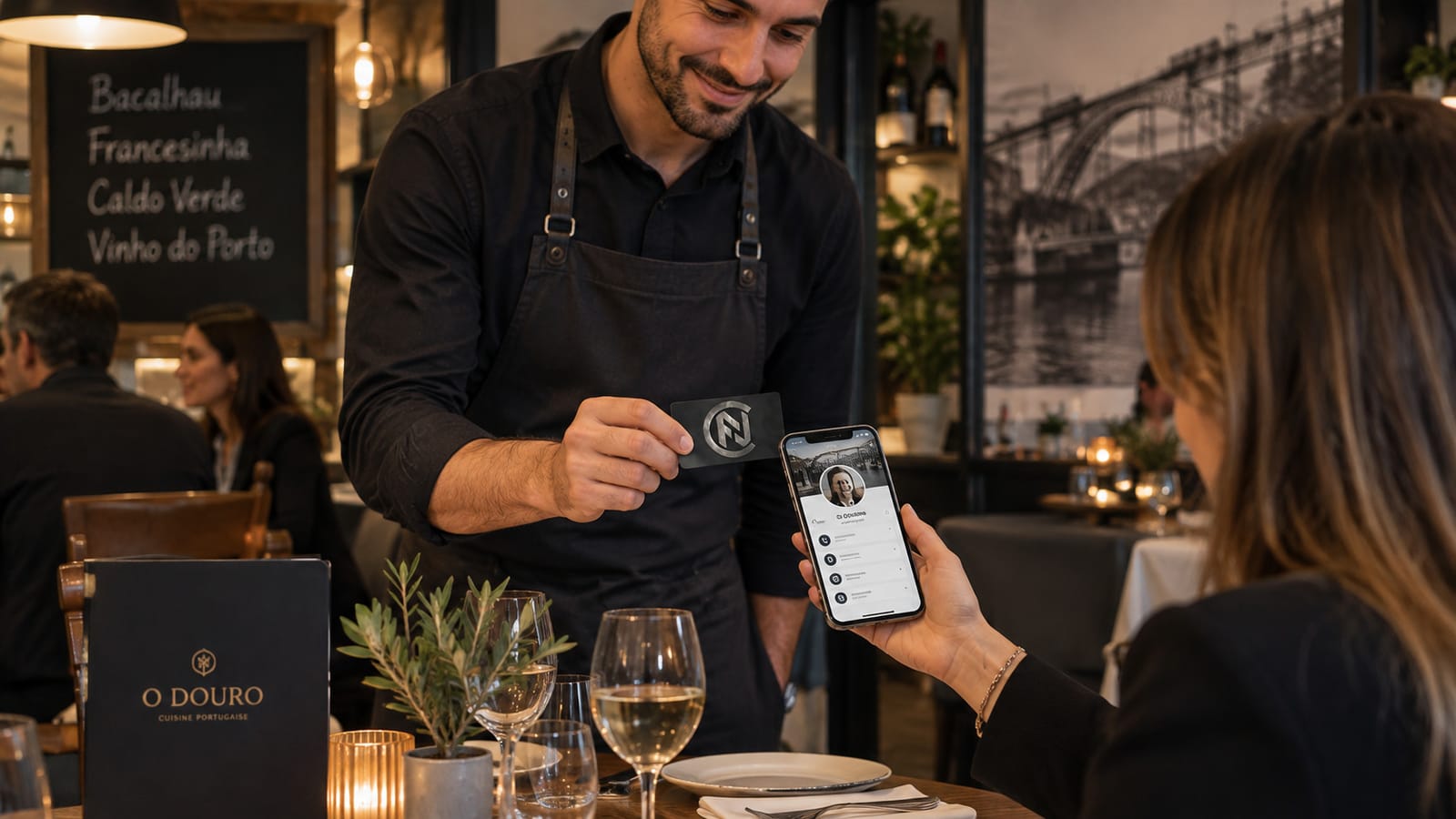 Carte NFC avis Google présentée à une cliente en restaurant